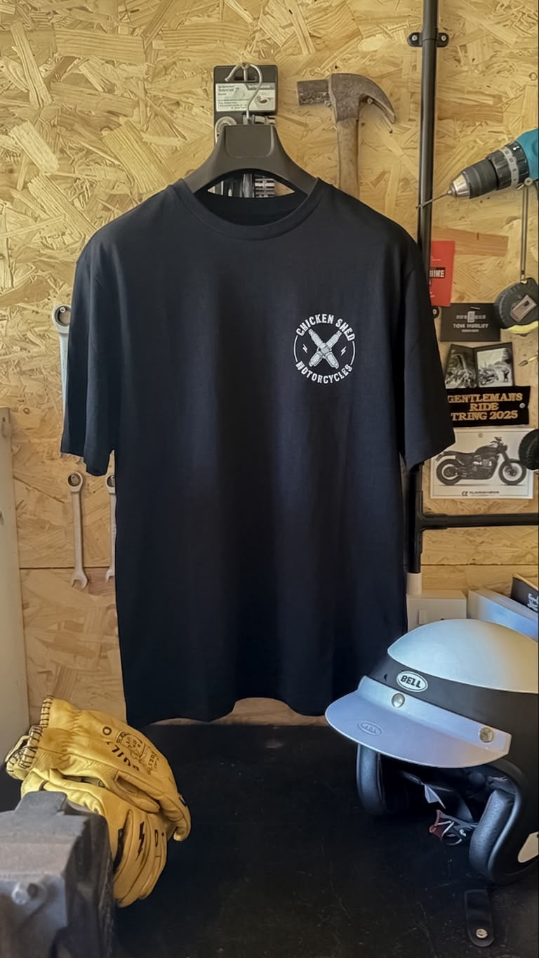 Chicken Shed Motorcycles Short Sleeve Spark Plug T Shirt Front
