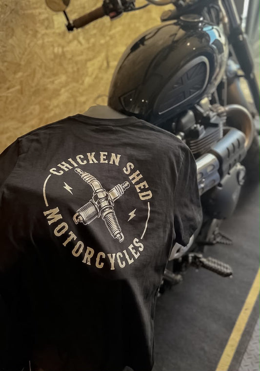 Chicken Shed Motorcycles Short Sleeve Spark Plug T Shirt Back Print