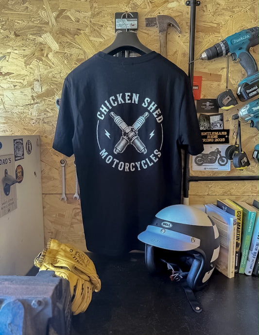 Chicken Shed Motorcycles Short Sleeve Spark Plug T Shirt Back Print