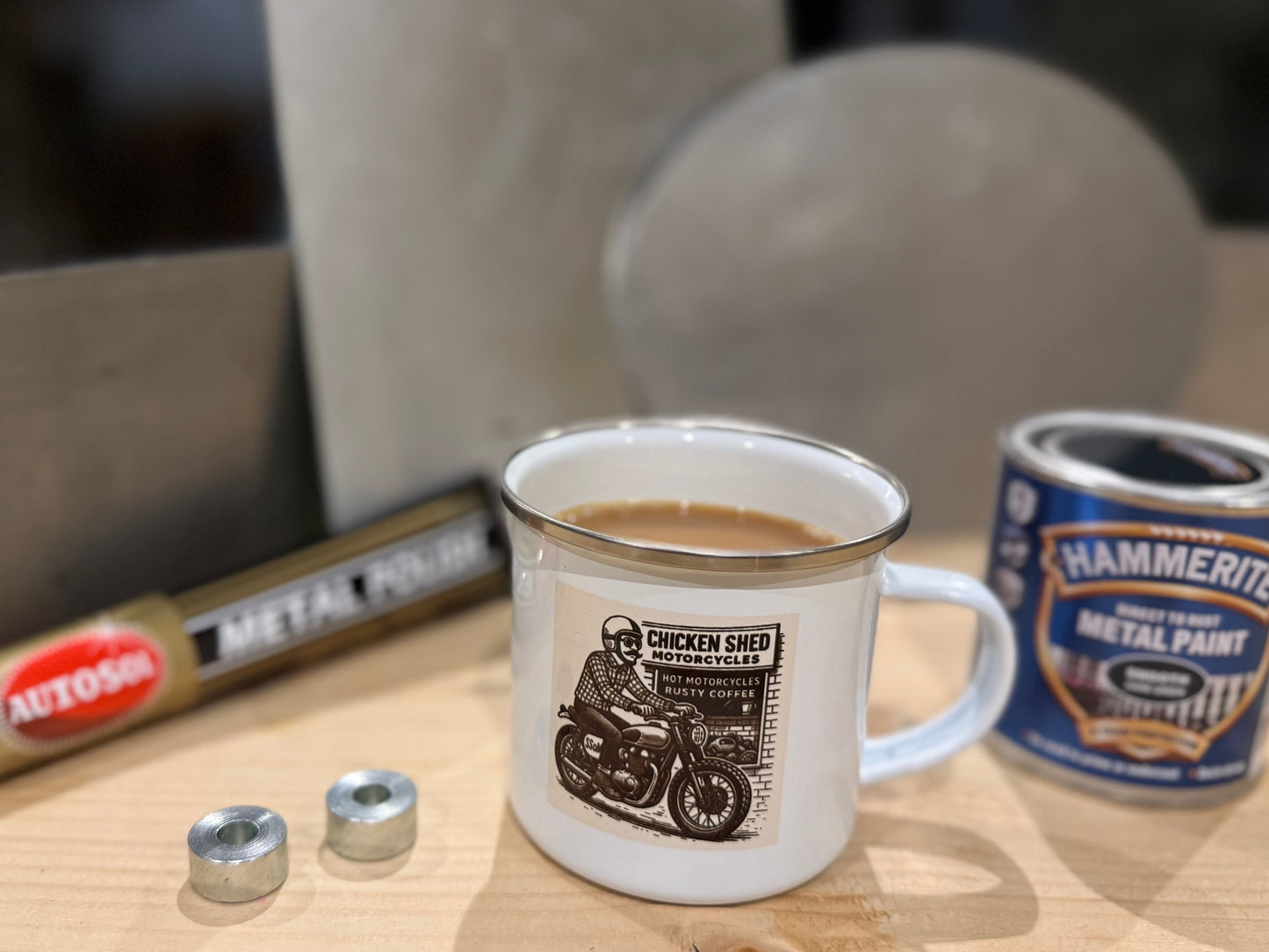Chicken Shed Motorcycles Rusty Coffee Enamel Mug
