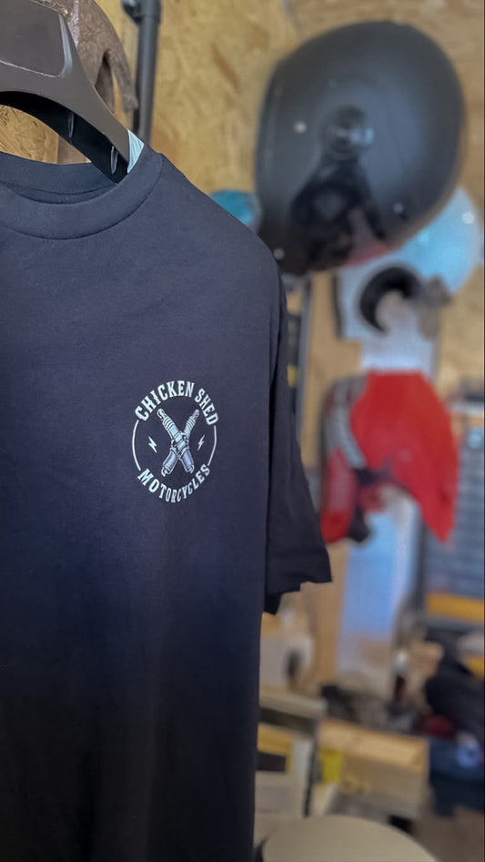 Chicken Shed Motorcycles Short Sleeve Spark Plug T Shirt Front
